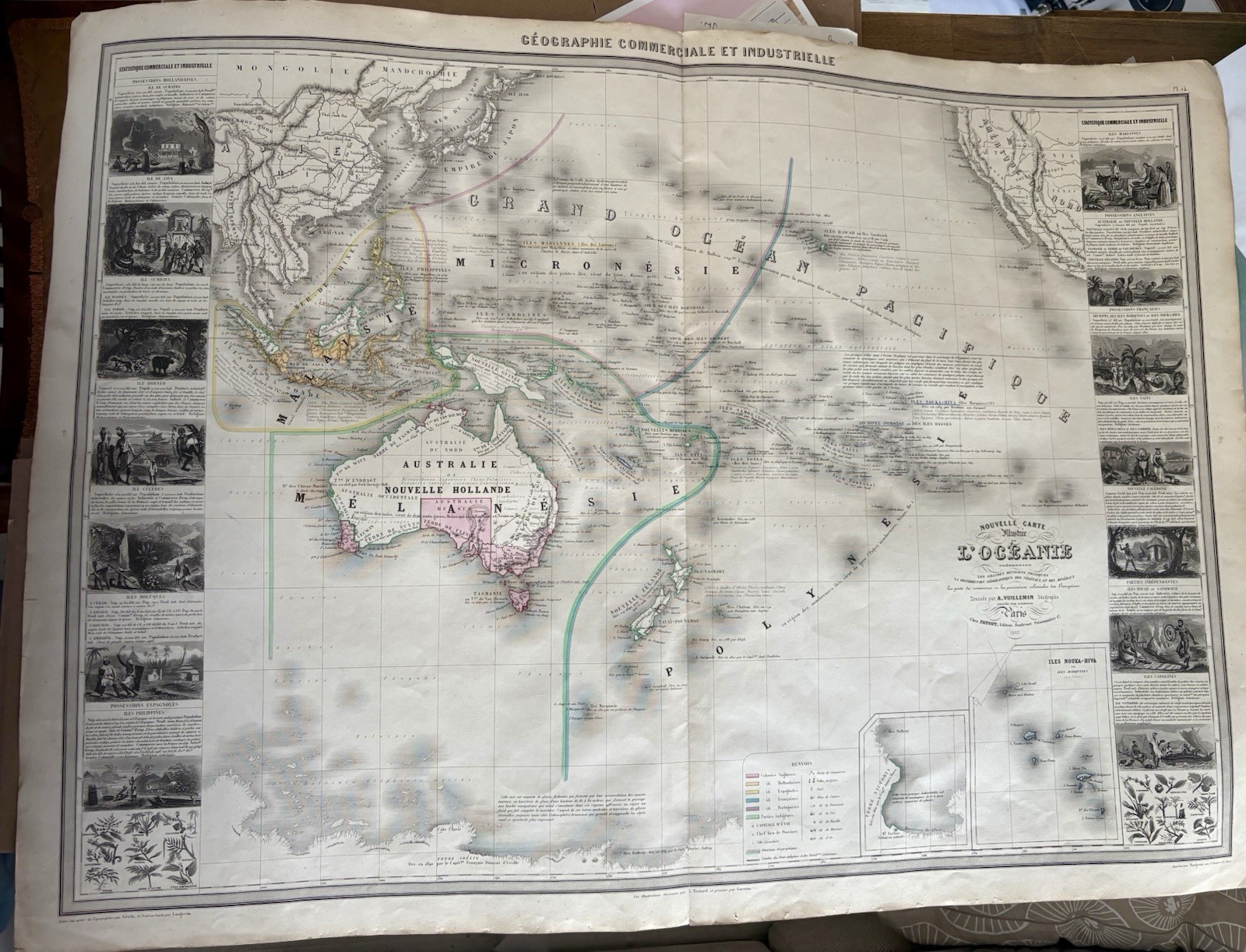 1860 Map Oceania AUSTRALIA NEW ZEALAND Vuillemin with vignettes Antique Original