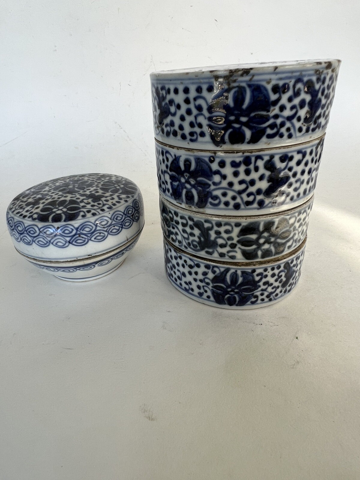 Antique Chinese Blue HP Figural Man 6 Stacking Lunch Box Jianding Wax Hallmarked