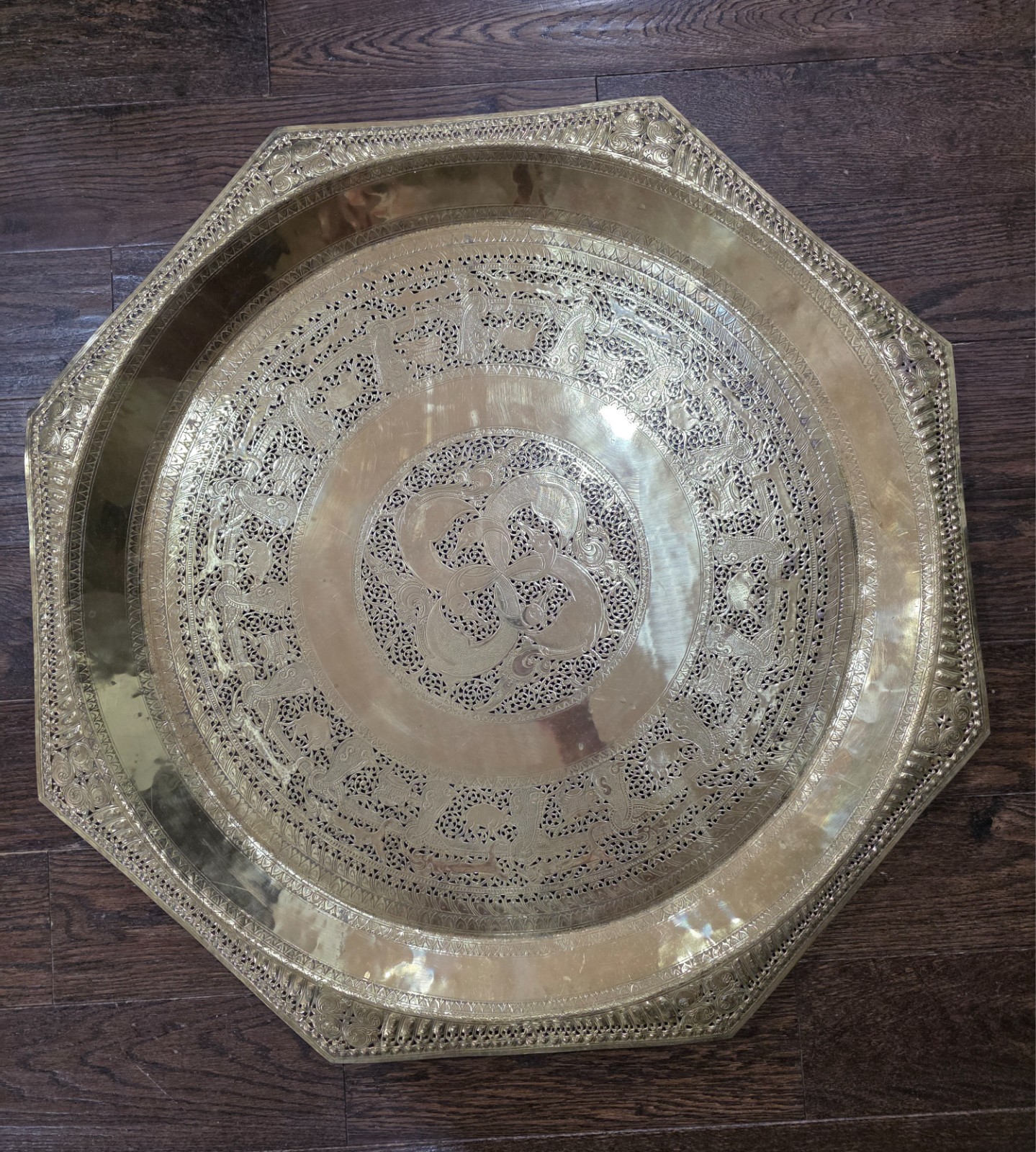 Antique Hand-engraved Large Ceylon Brass Tray octagon 30″