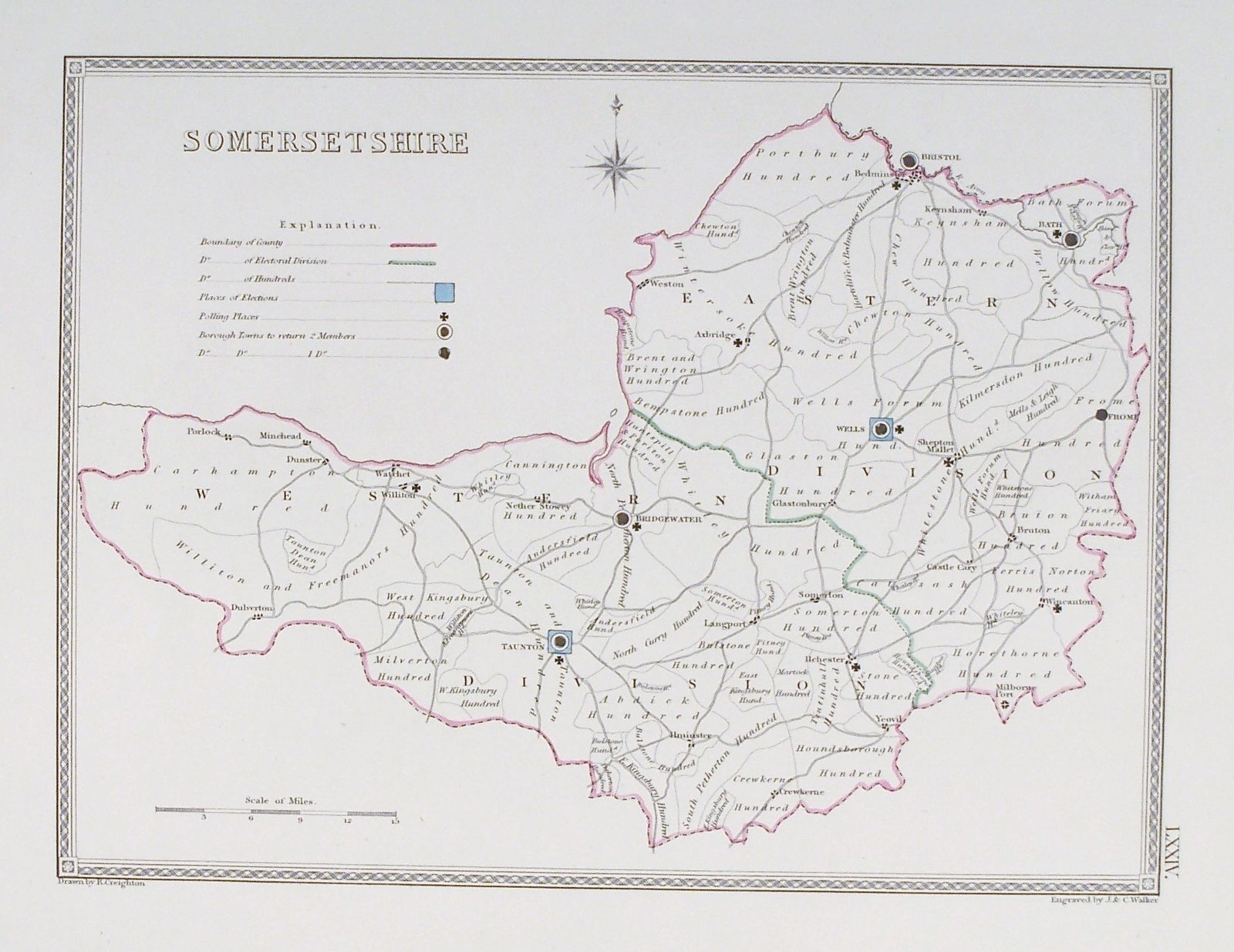 OLD ANTIQUE MAP SOMERSET SOMERSETSHIRE ELECTORAL c1830’s by CREIGHTON WALKER