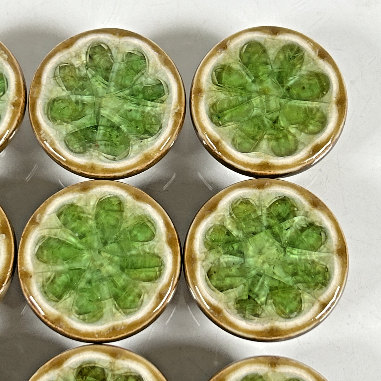 10 VTG Lime Slice Porcelain & Crushed Green Glass Drawer pulls, Brass Backplate