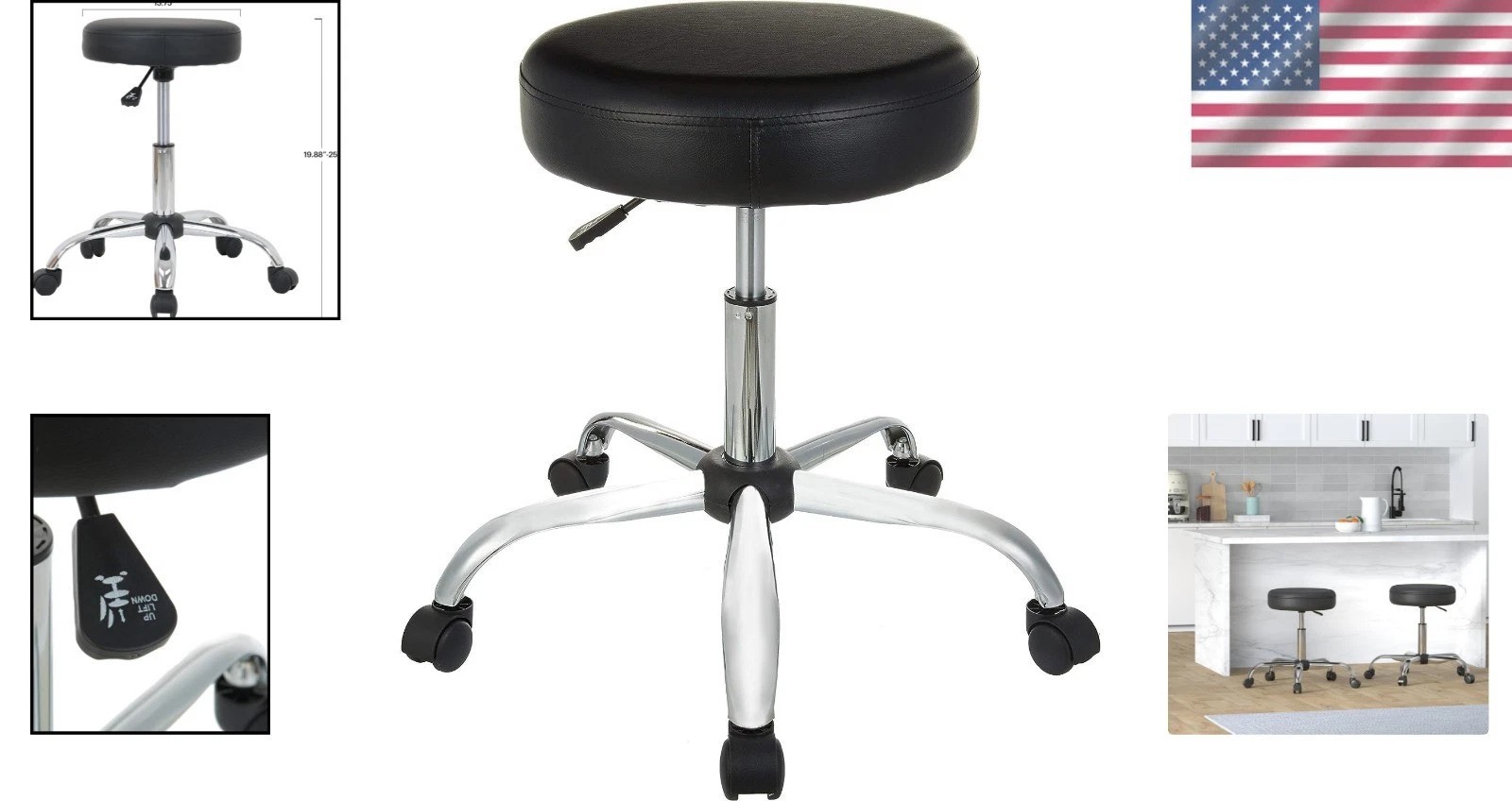 Elegant Black Drafting Spa Bar Stool with Wheels – Adjustable Height & Swivel