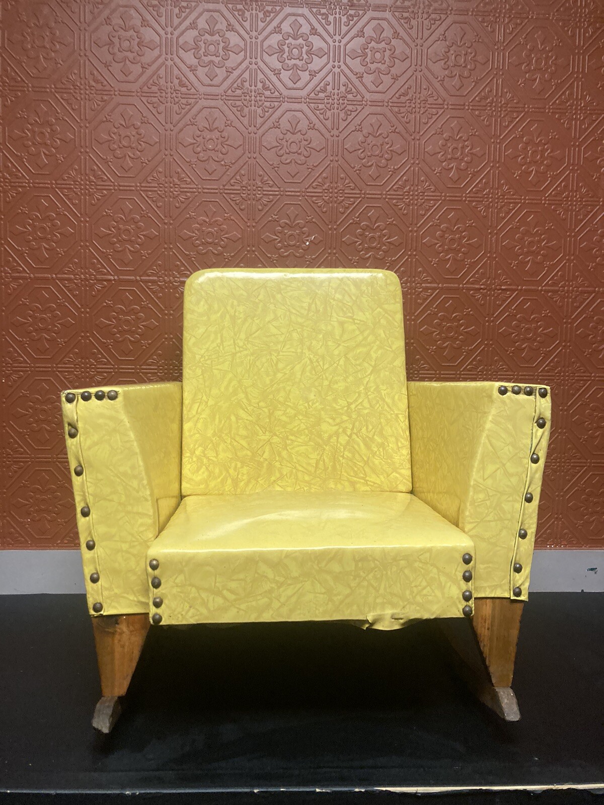 Vintage Child Rocking Chair 1960’s Yellow Vinyl Play Room Tv Bedroom Decor