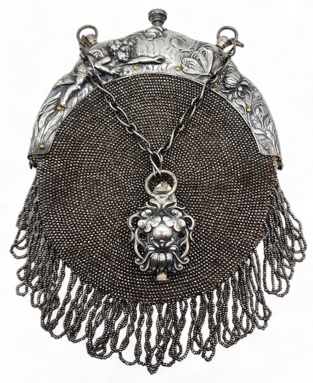 VICTORIAN Silver Plate Evening Purse with Chatelaine Clip BUTTERFLIES / CHERUB