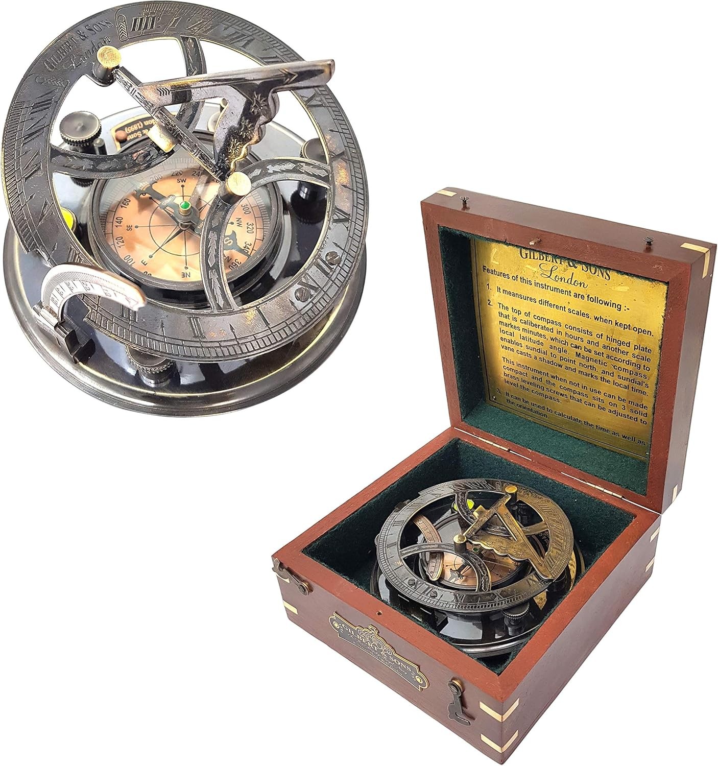 Brass Nautical – 5 inches Large Sundial Compass in Rosewood Case Top Grade Calib