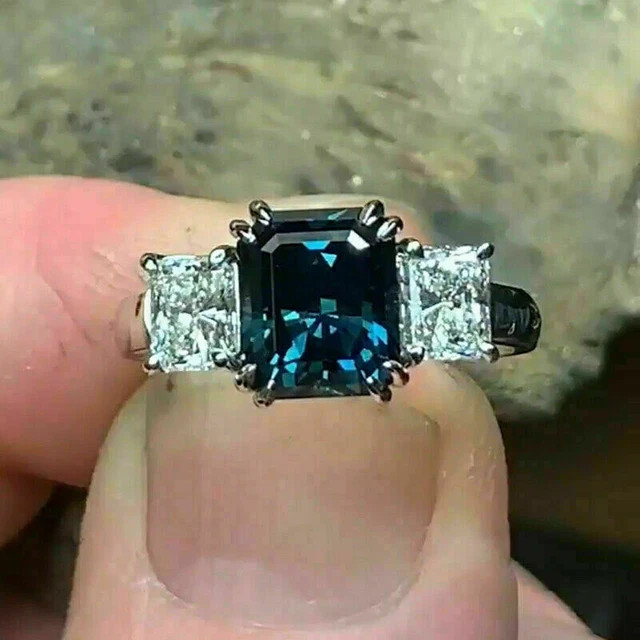 3Ct Emerald Cut London Blue Topaz Engagement Ring 14k White Gold Plated
