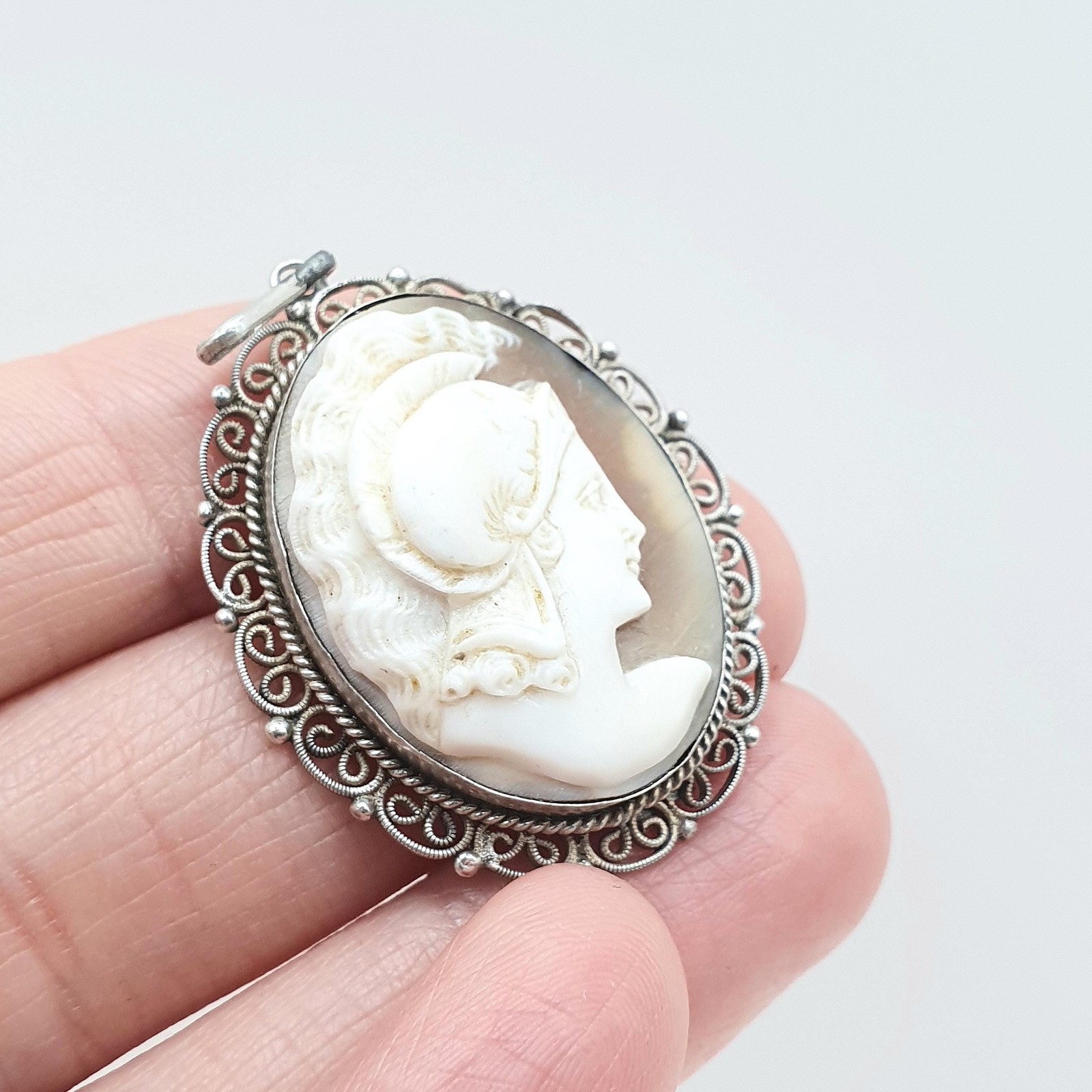 Antique Solid Silver Centurion Cameo Pendant Necklace Roman Soldier Filigree