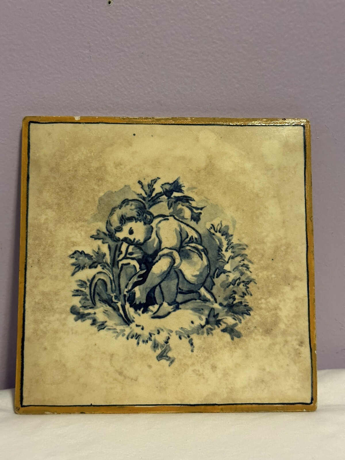 Antique Tile 1860 Rare Hand Painted W.B. Simpson & Sons Pictorial Gardener 6″