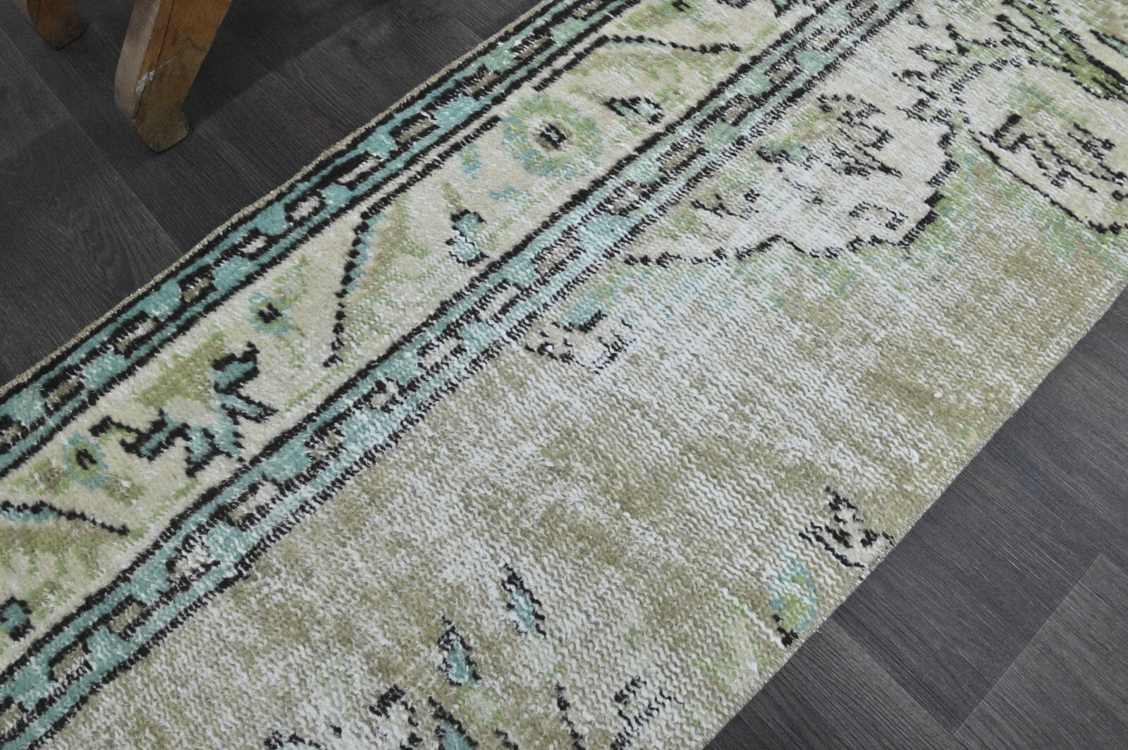 Vintage Turkish Runner Rug 2x5ft Wool Anatolian Handmade Hallway Oushak GREEN