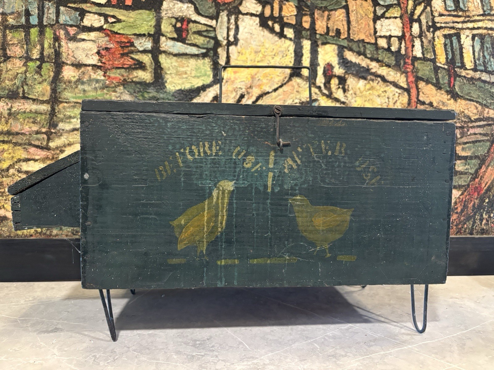 Antique C.W. Bender Elk Lick PA Chicken Brooder Box Folk Art Painted Wood w Iron