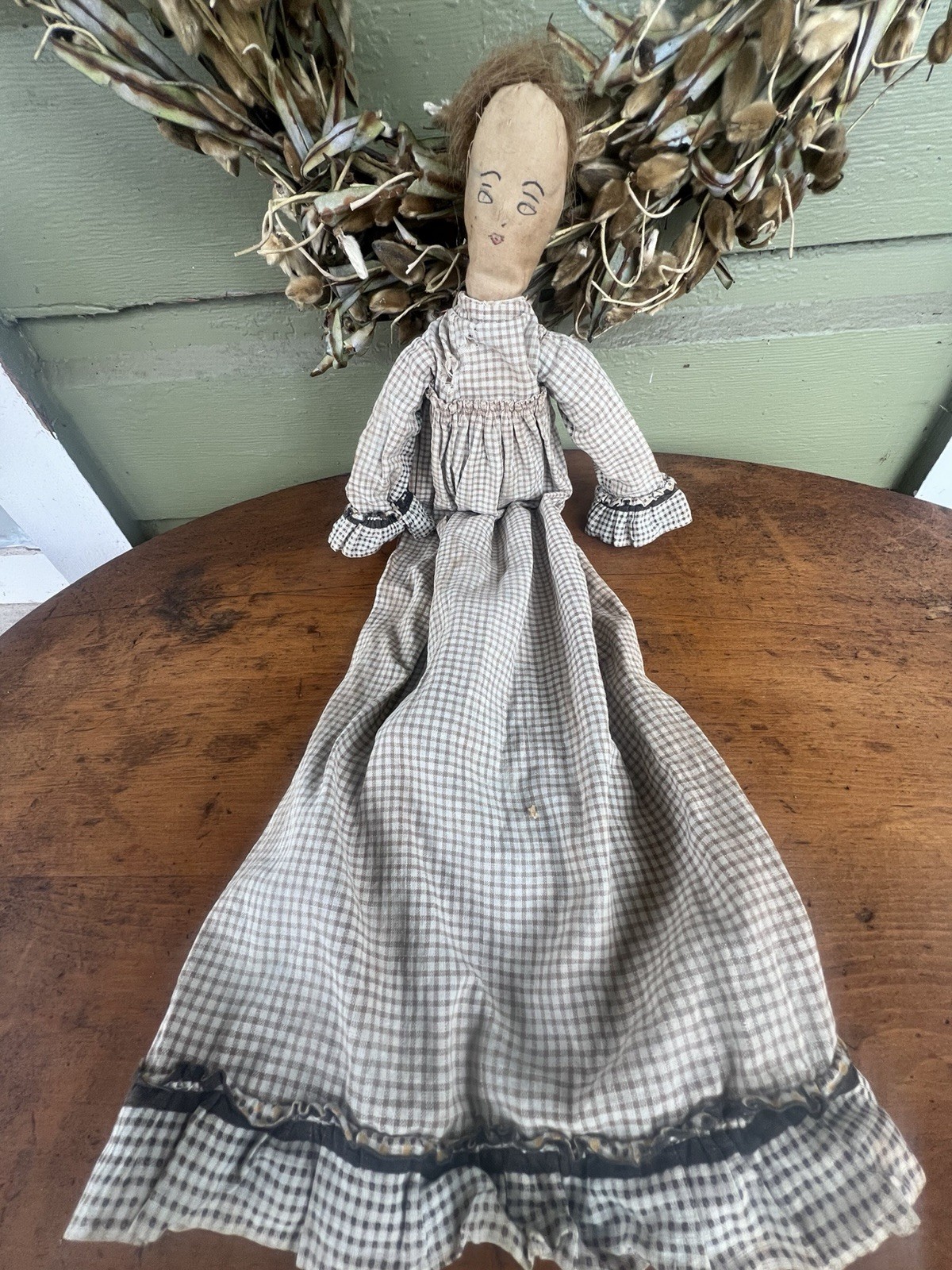 Wonderful Late 19th C New England Rag Doll Inked Face-Human Hair 15”