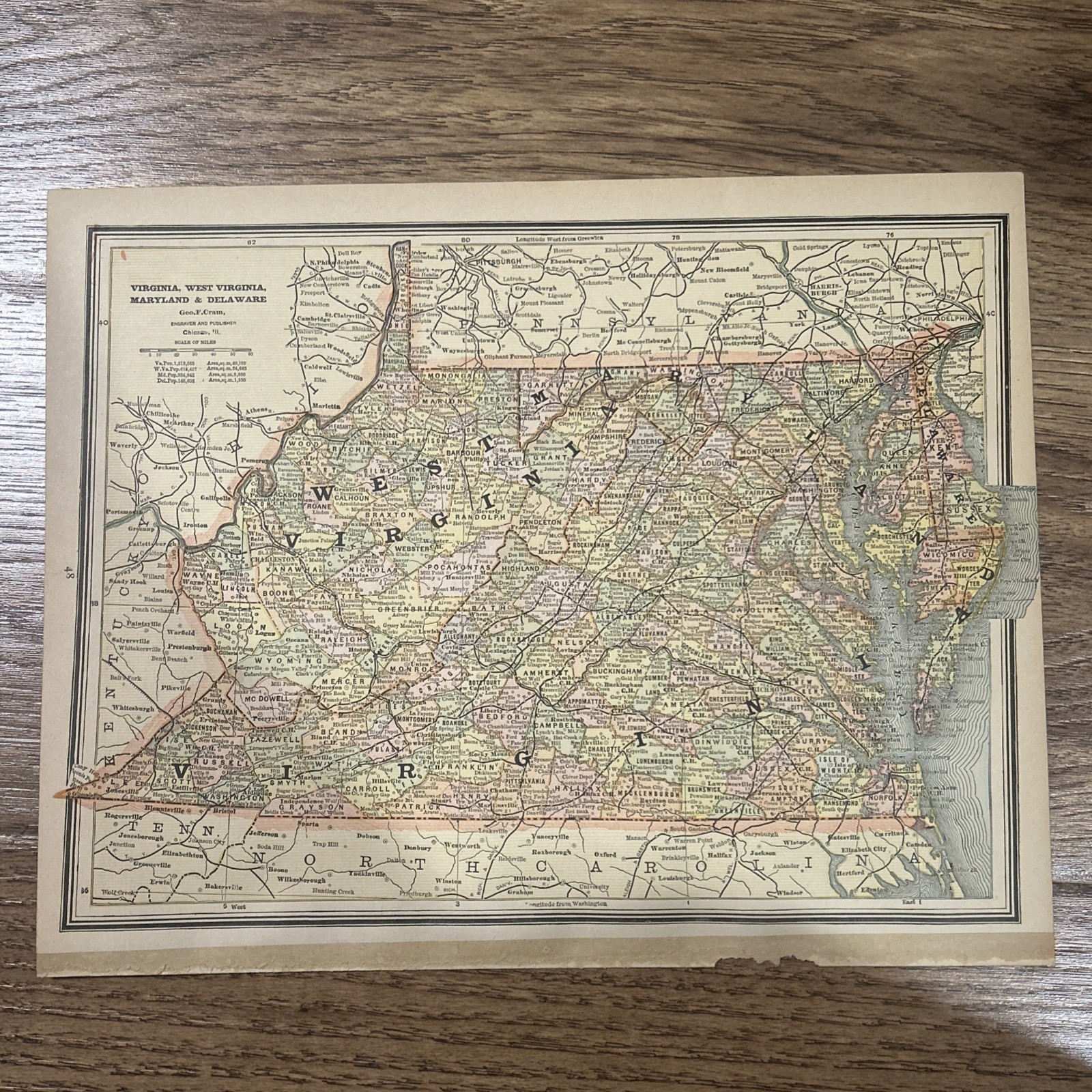 Antique 1887 Map Of Virginia & West Virginia 14”x11”