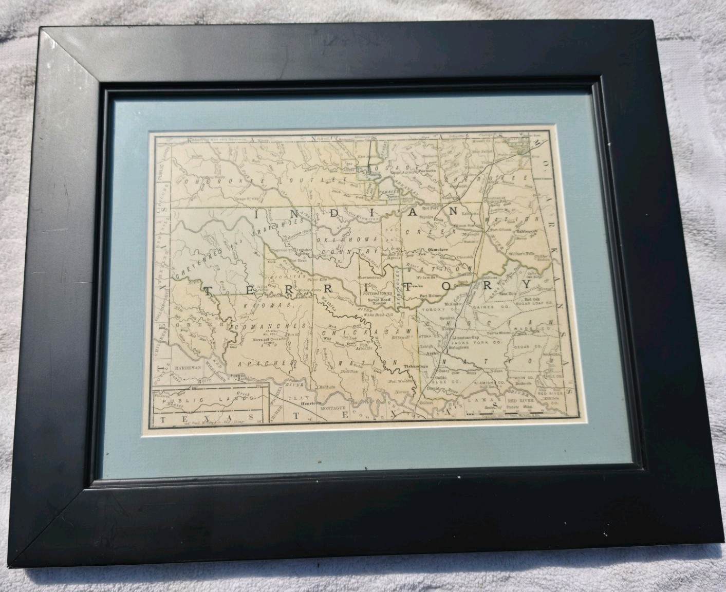 Original 1885 Rand McNally Indian Territory Oklahoma Antique Framed Atlas Map