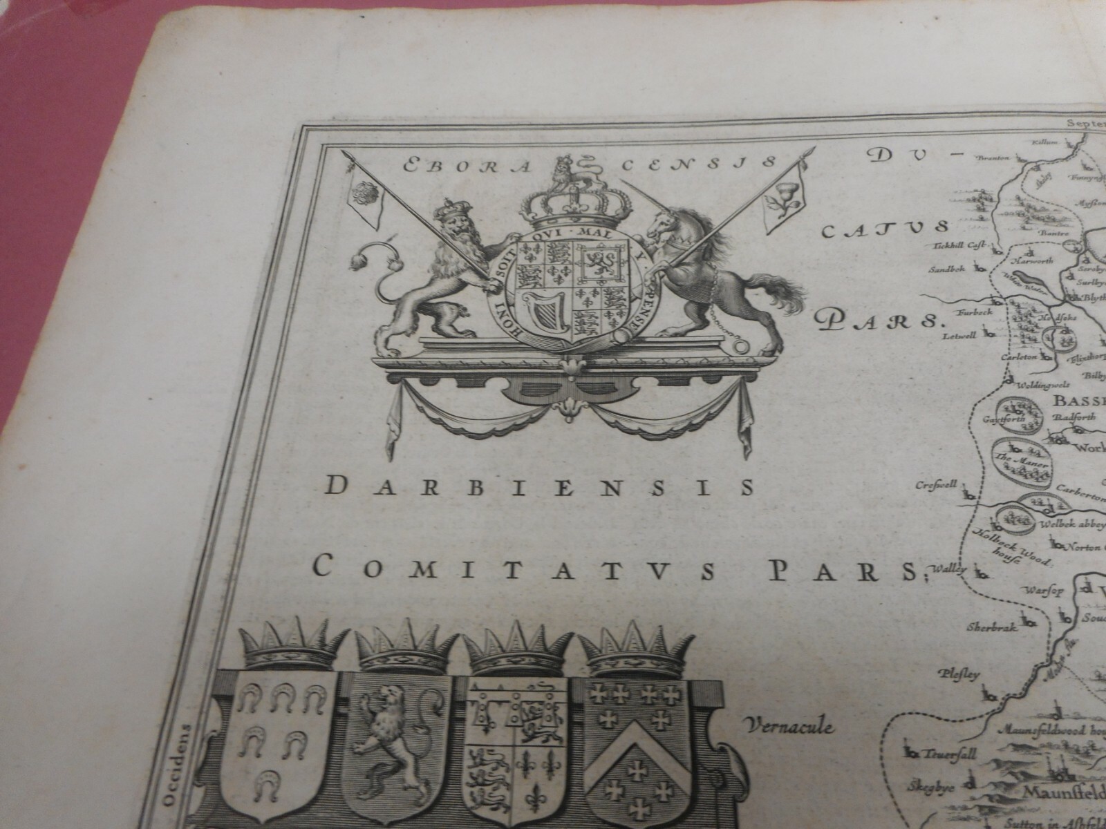 100% ORIGINAL LARGE NOTTINGHAMSHIRE MAP BY J BLAEU C1646 HAND COLOR