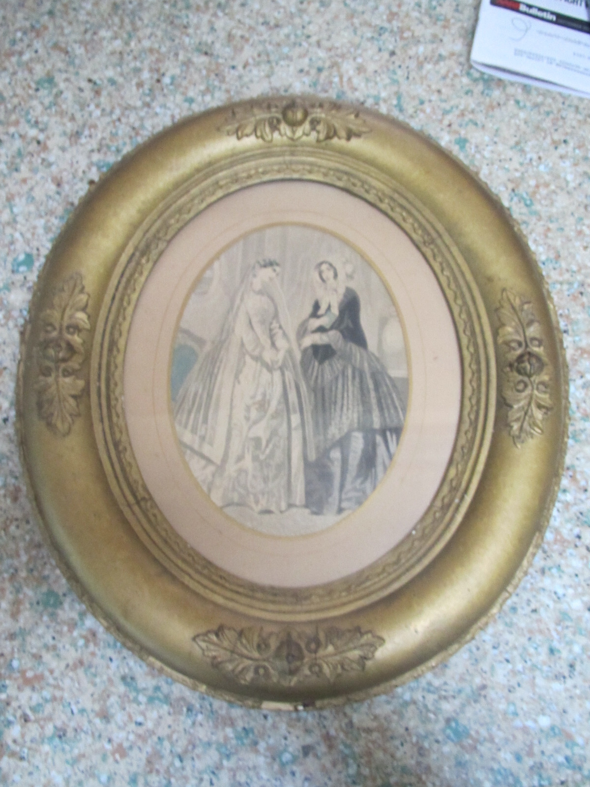 Antique chalkware/plaster 14 1/4″ L goldtone oval frame w paper & wood backing