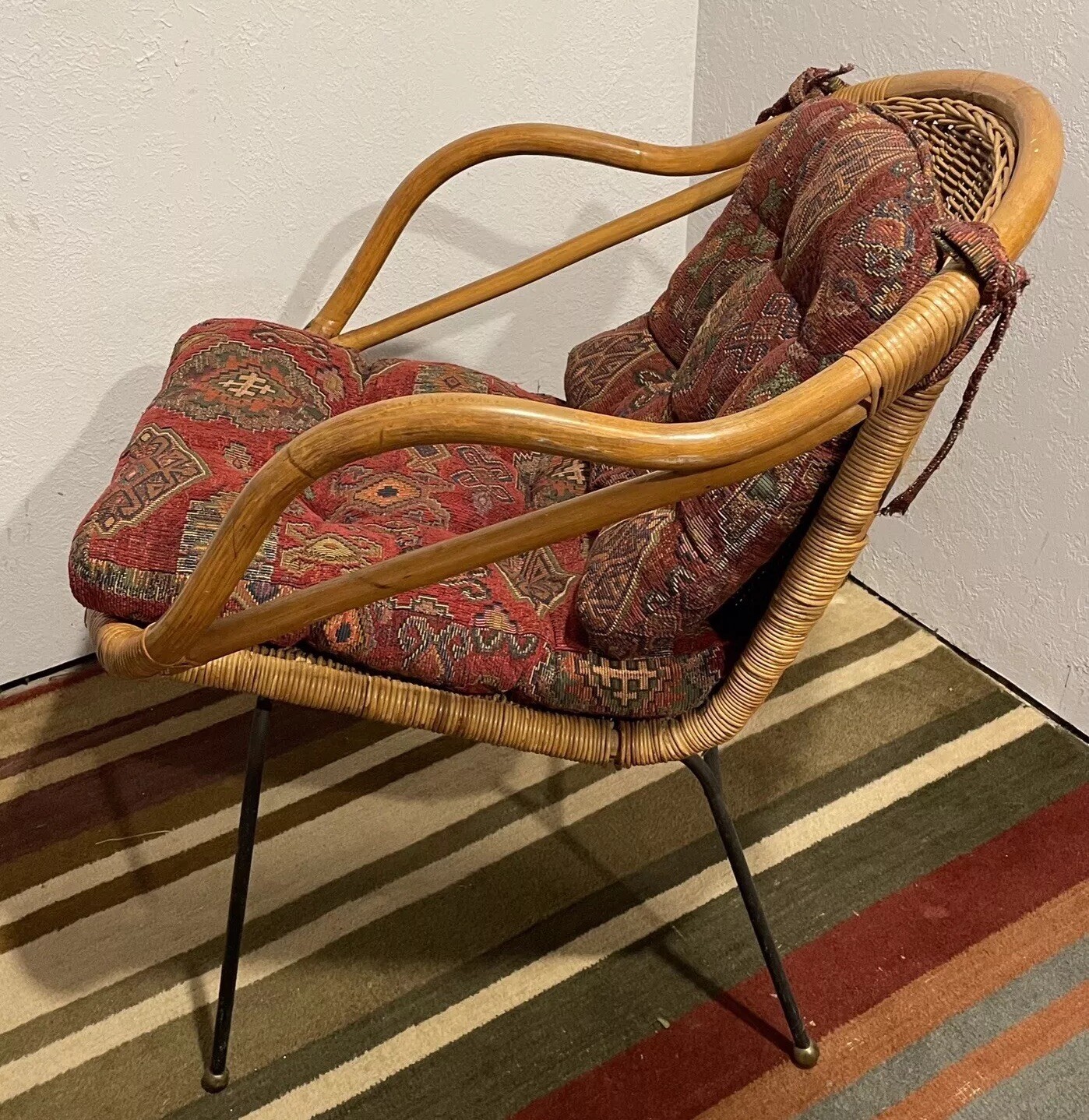 Calif-Asia Paul McCobb ‘50-60s Wicker/ Bamboo Chair Iron Base with Cushions