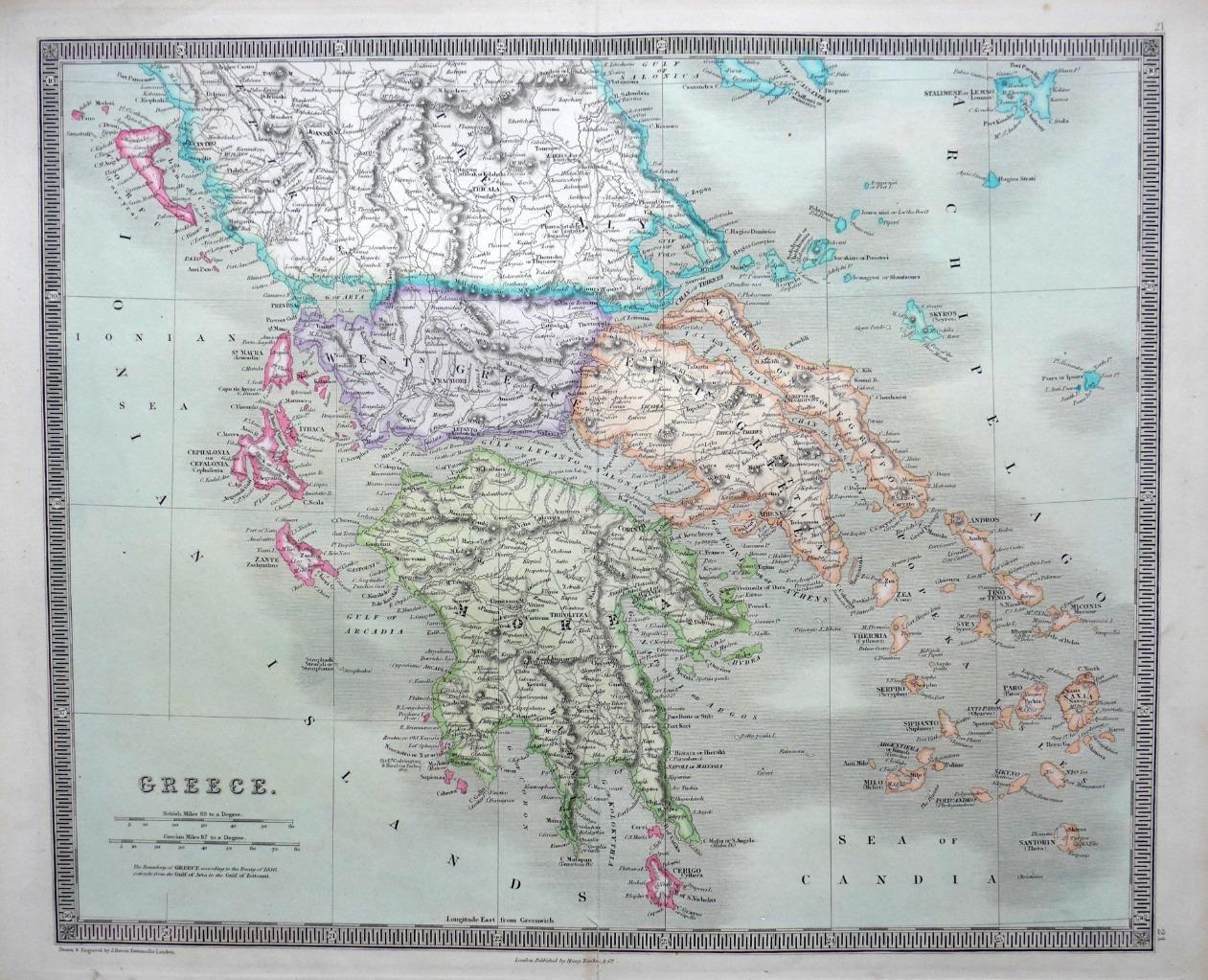 GREECE BY JOHN DOWER c1844 GENUINE ANTIQUE MAP ORIGINAL HAND COLOUR