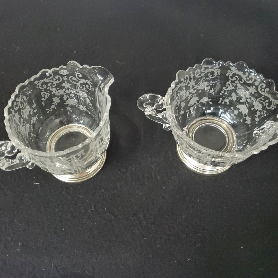 SHEFFIELD SILVER CO. USA STERLING & ETCHED CAMBRIDGE CRYSTAL CREAMER & SUGAR SET