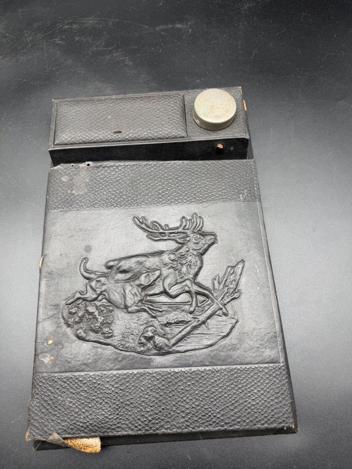 Antique Tooled Leather Lap Travel Desk with Metal Inkwell, ca1890