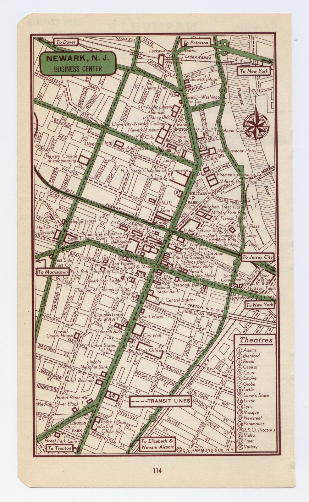 1951 ORIGINAL VINTAGE MAP OF NEWARK NEW JERSEY DOWNTOWN BUSINESS CENTER