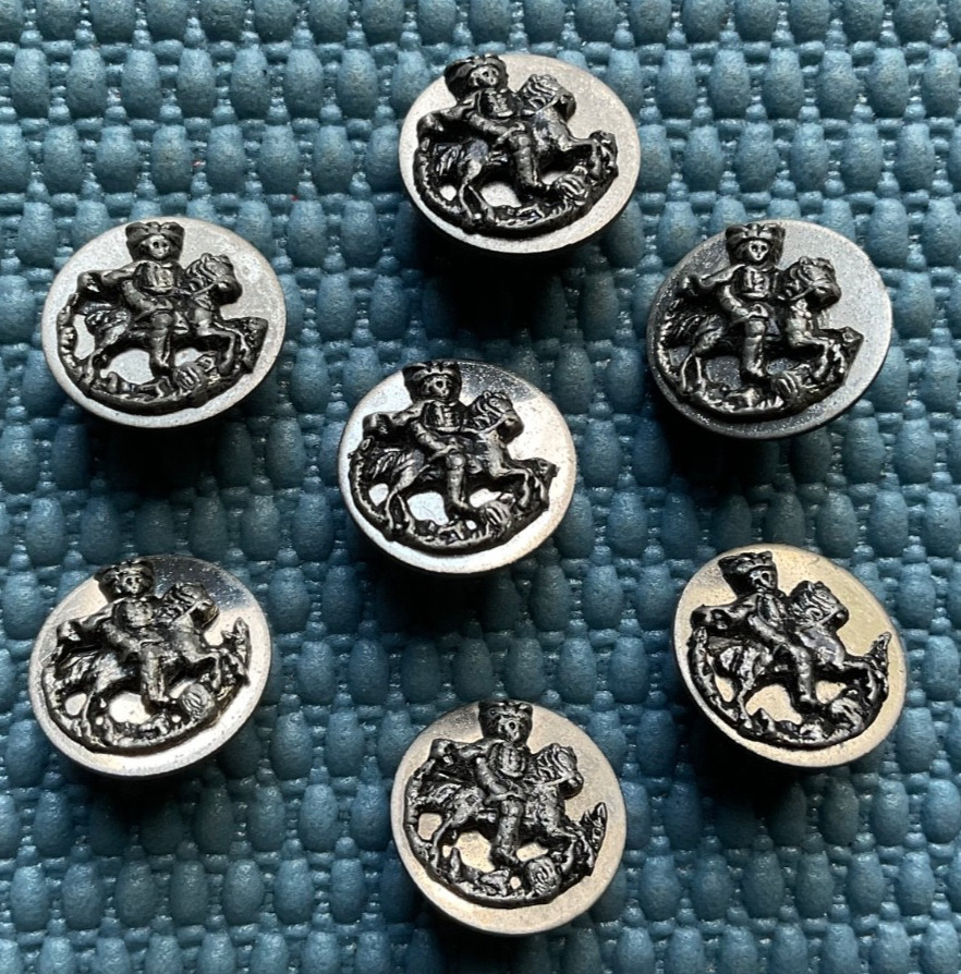 7 Matching Antique Vtg Metal Picture Buttons – King Man on Horse – Old Lot 9/16”