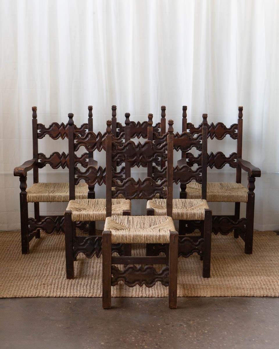 1960s Vintage Mexican Brutalist Wood and Rush Ladderback Dining Chairs (6)