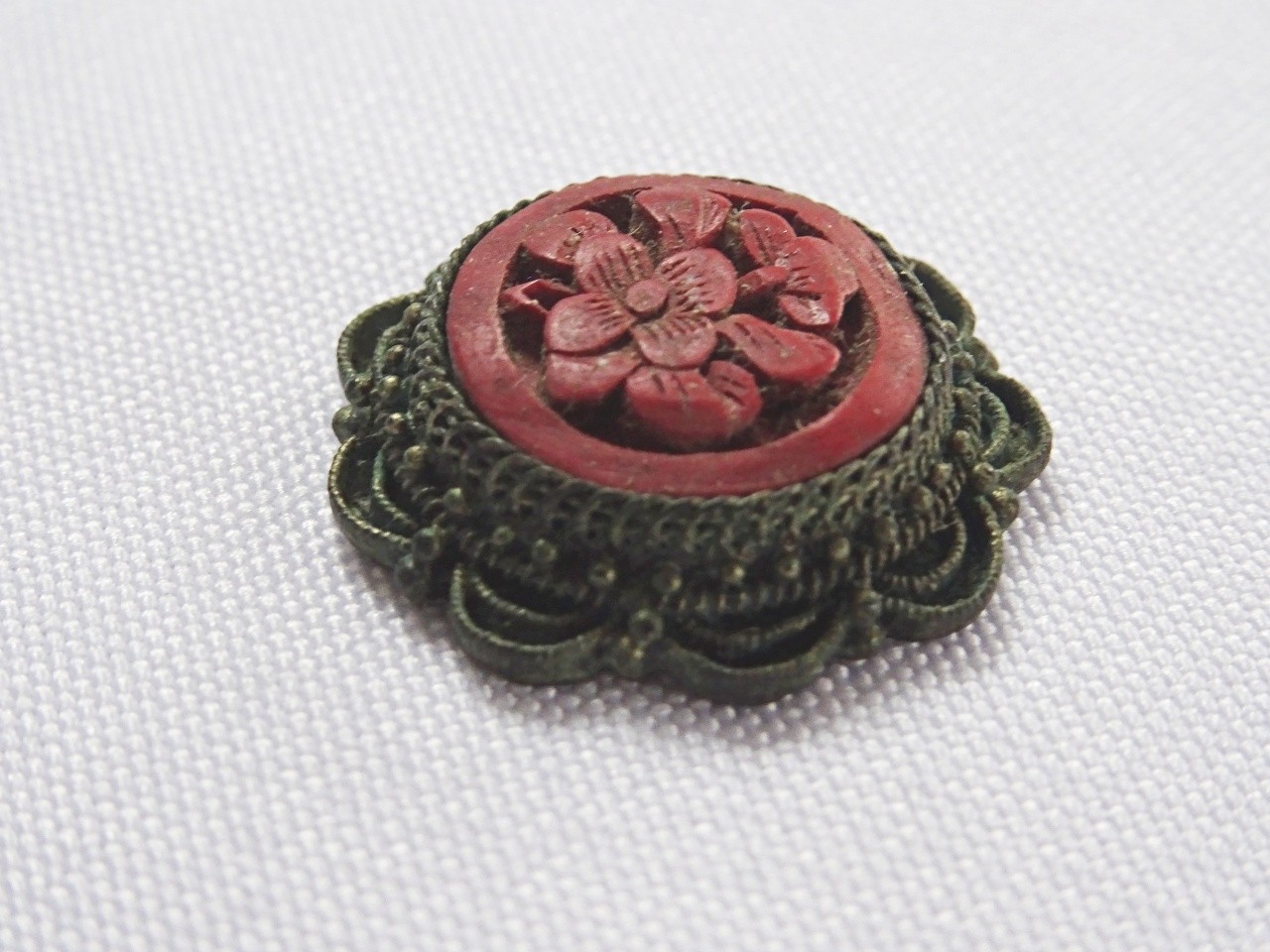 Antique Cinnabar Medallion Plaque Chinese Carved Floral Brass Filigree ¾”