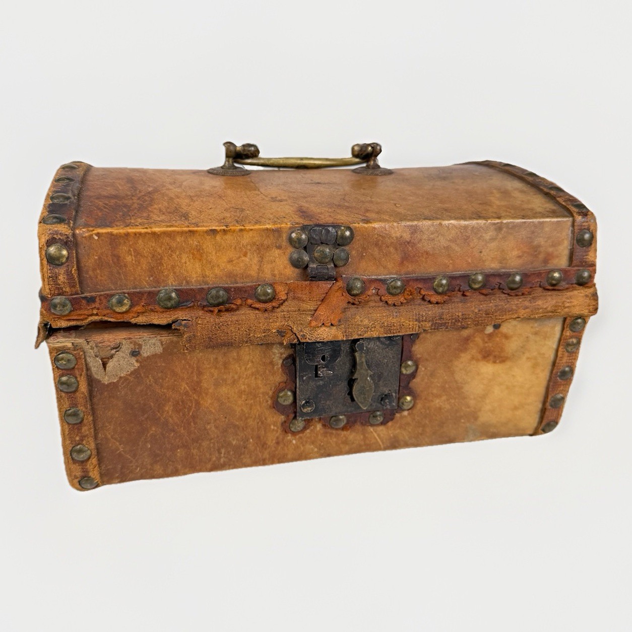 Antique Early American Early 1800s Hide-Covered Dome Top Document Box No Key