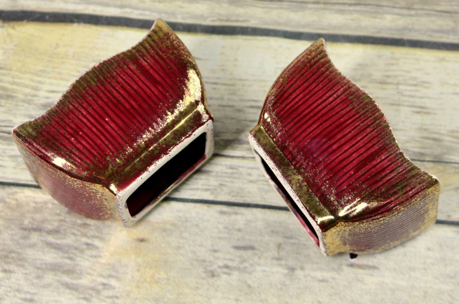 Art Deco Candle Holders Candlestick Mauve Gold Speckled Ceramic Vintage