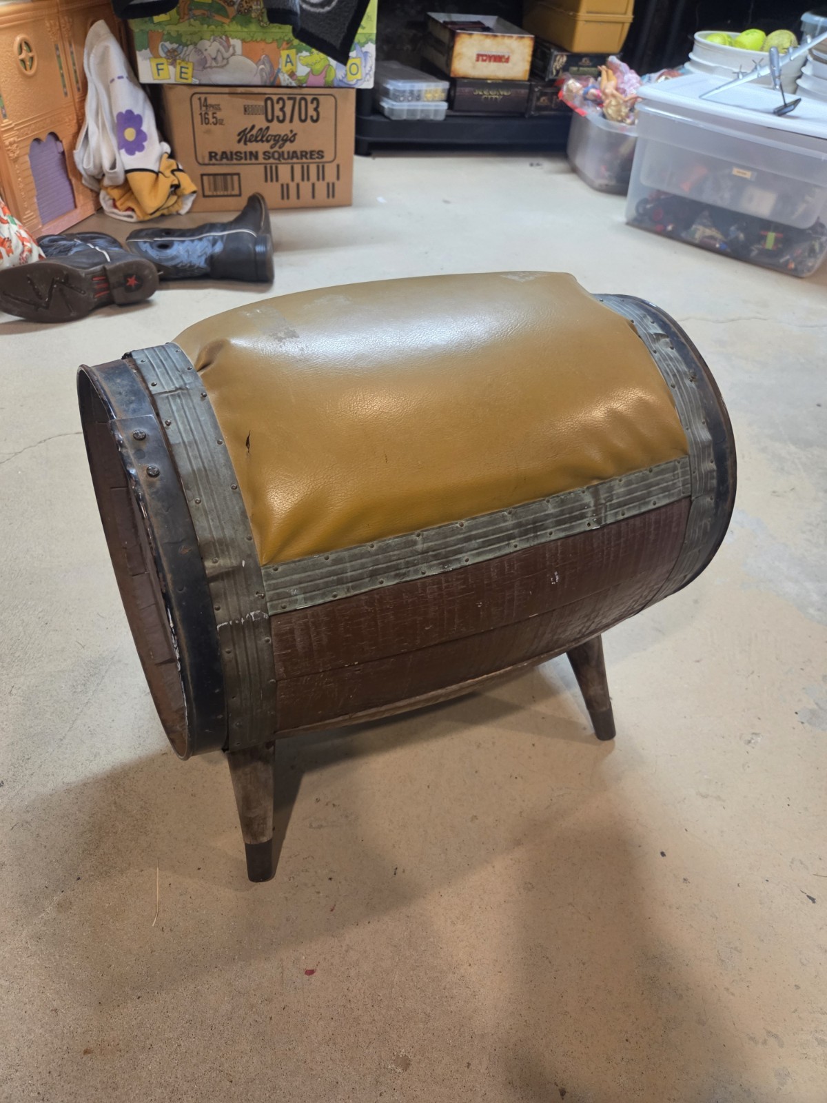 Vintage Wooden Vinyl Bourbon Whiskey Barrel Foot Stool Rest Ottoman Rustic