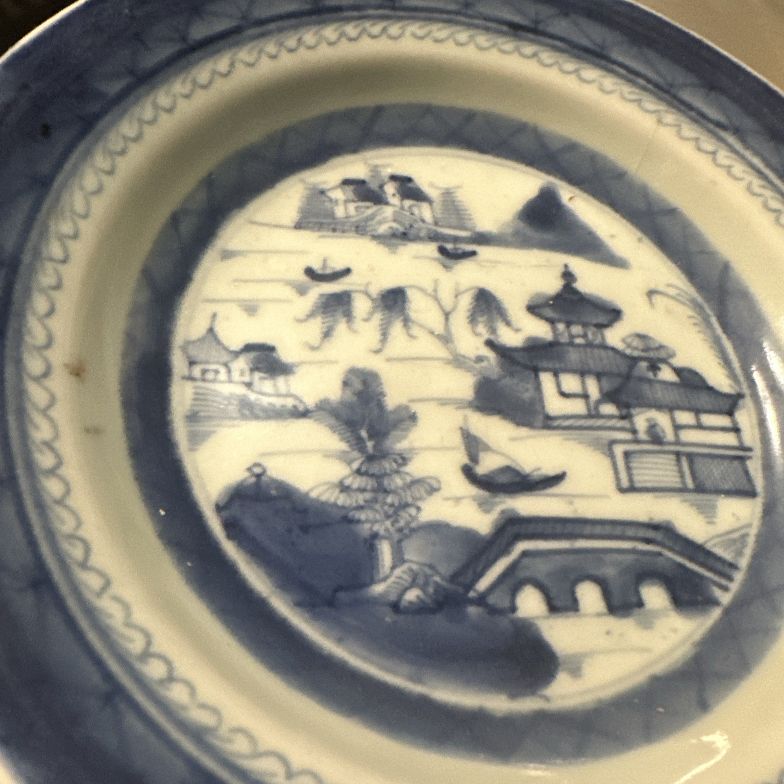 Antique Chinese 7.5” Export Canton Blue White Plate Porcelain Dish pre-1800