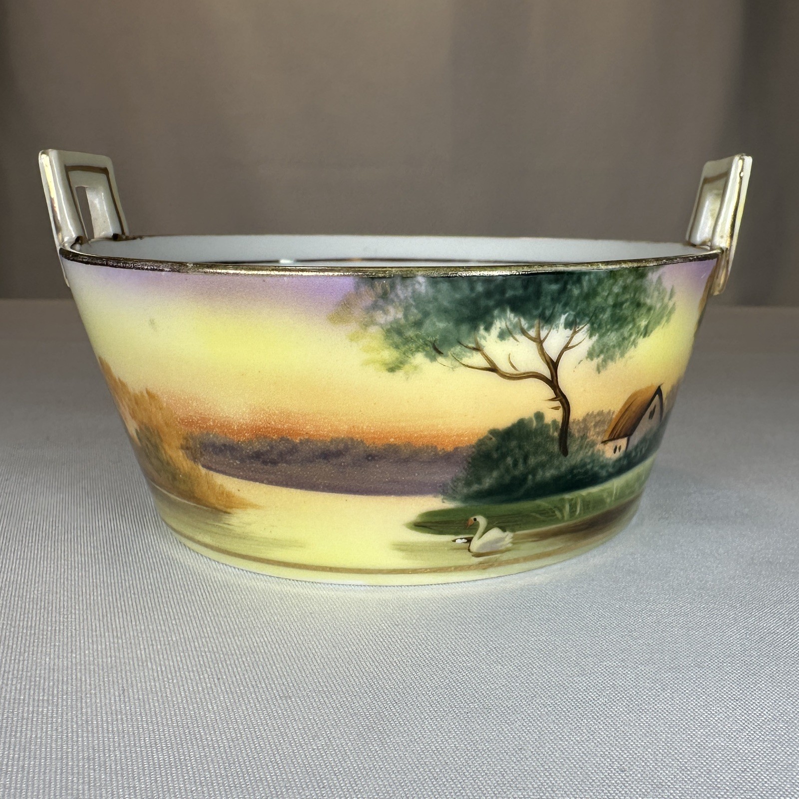 Antique Nippon Hand Painted Scenic Landscape Bowl Gold Trim