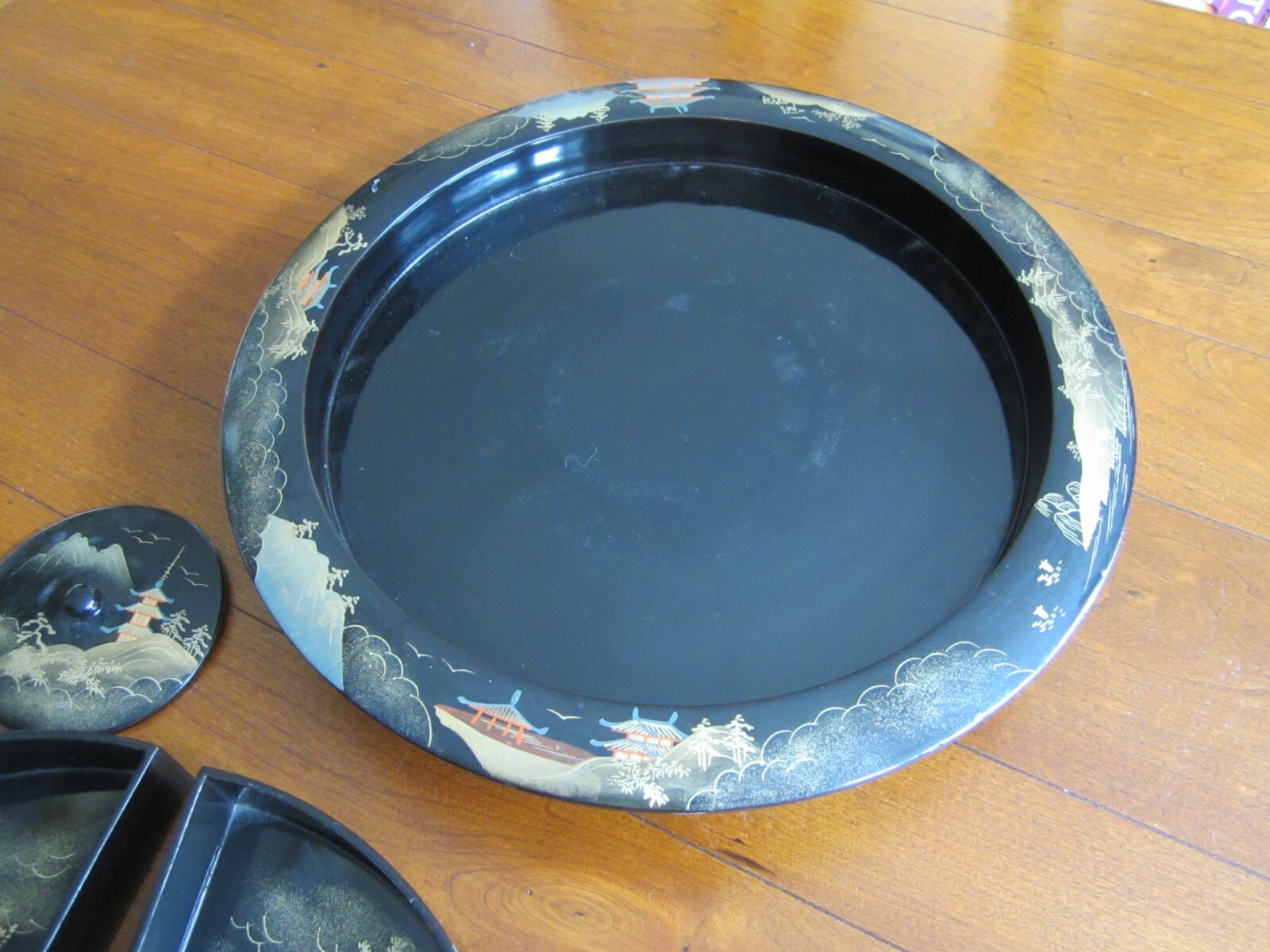 Japan Black Rotating Serving Tray Hand Painted Lazy Susan Secret Hidden Message!