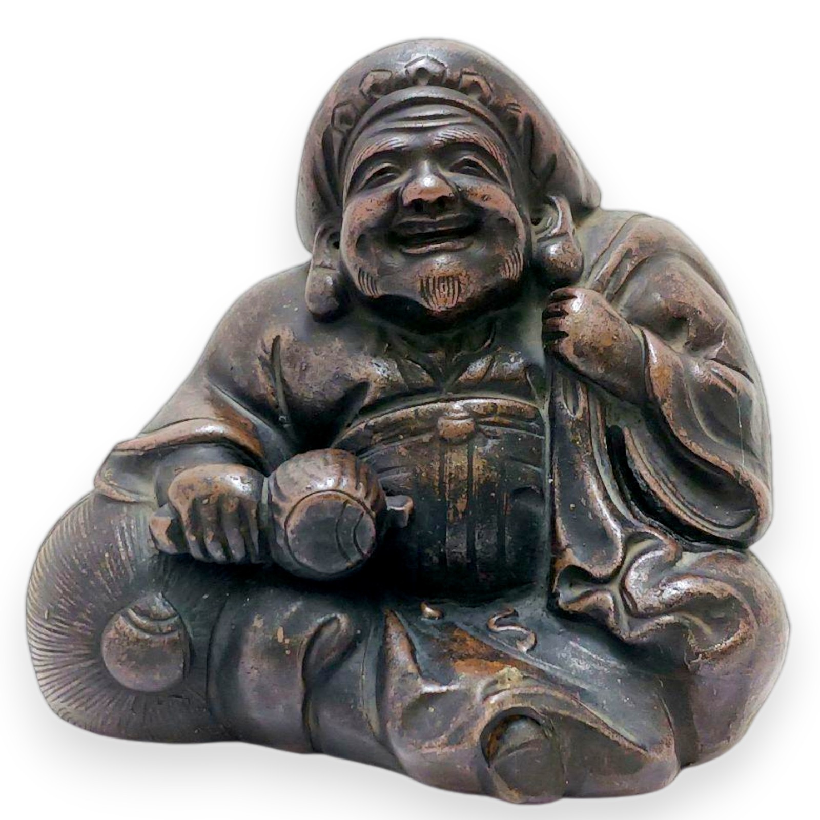 Antique Japanese Bizen Daikoku God Pottery Statue Deity Ceramic Figurine 4.9 in