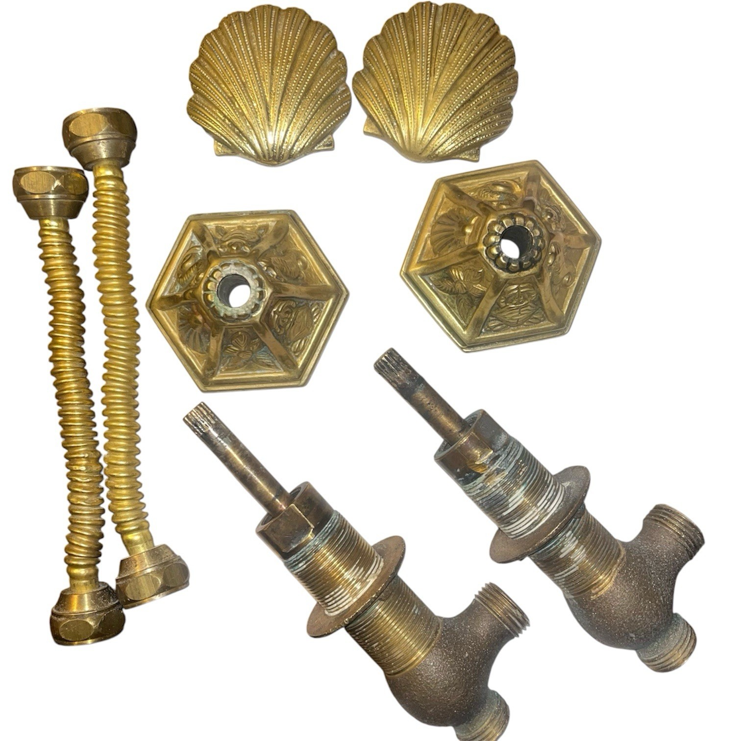 Vintage Phylrich Shell Faucet Set Brass Handles Escutcheon Stems Hollywood