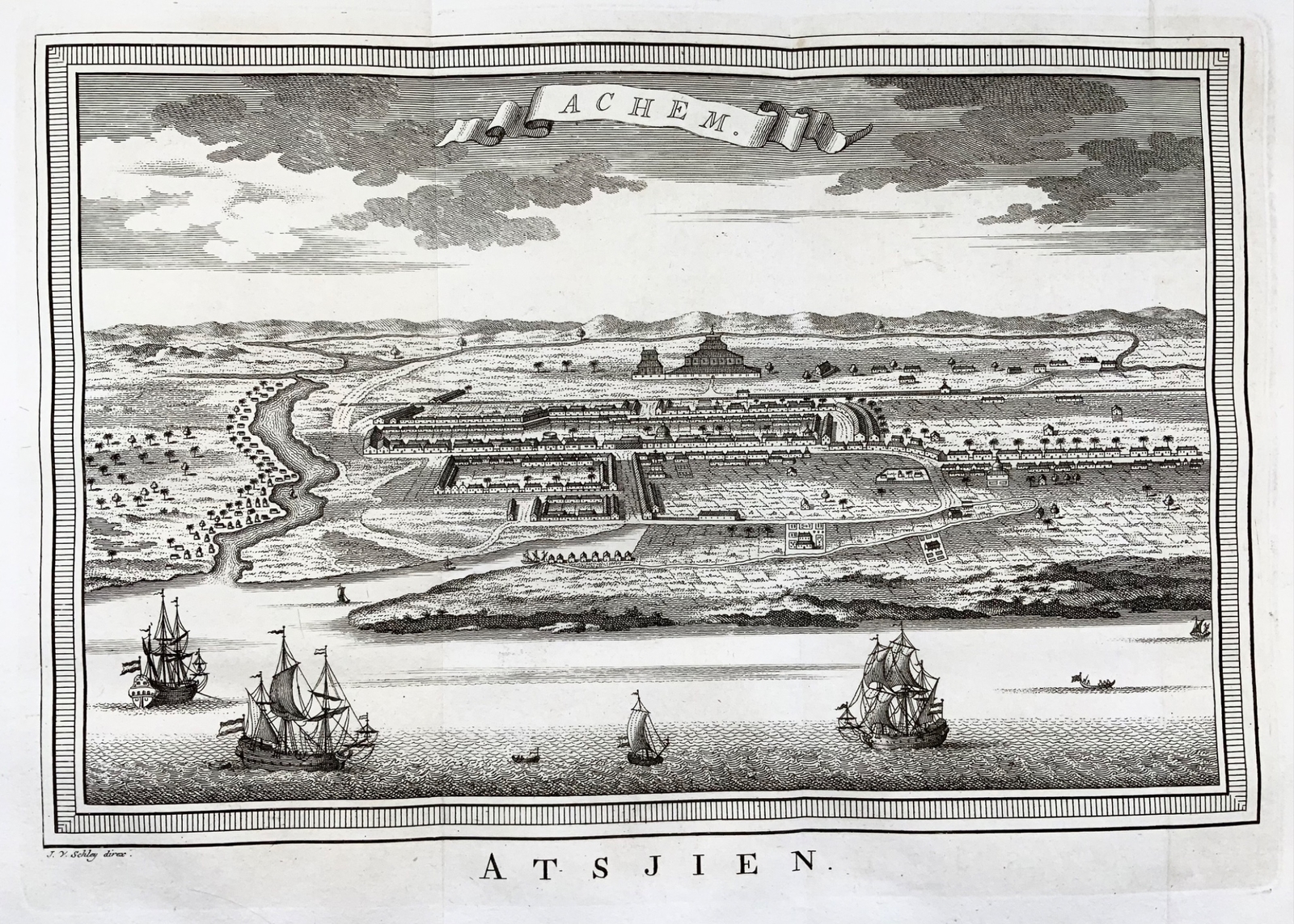 1760 J. van der Schley, Kutaraja (Banda Aceh), Indonesia, panoramic view, map