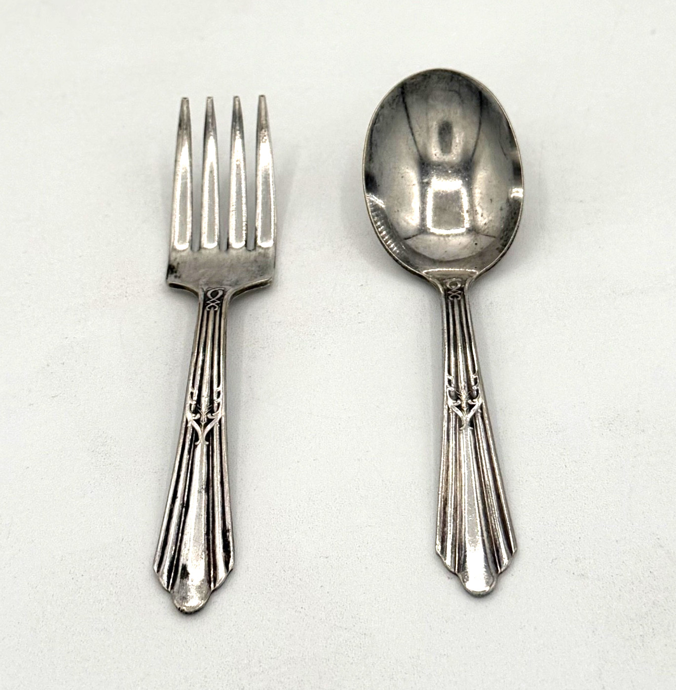 1930s National Silver Plate Baby Fork & Straight Handle Spoon Set NTS29 Deco Kid