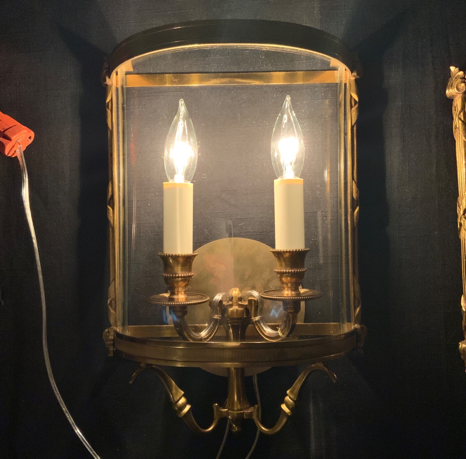 FRENCH BRONZE CONVEX LANTERN WALL SCONCE (2) LOUIS XVI RIBBON & REED