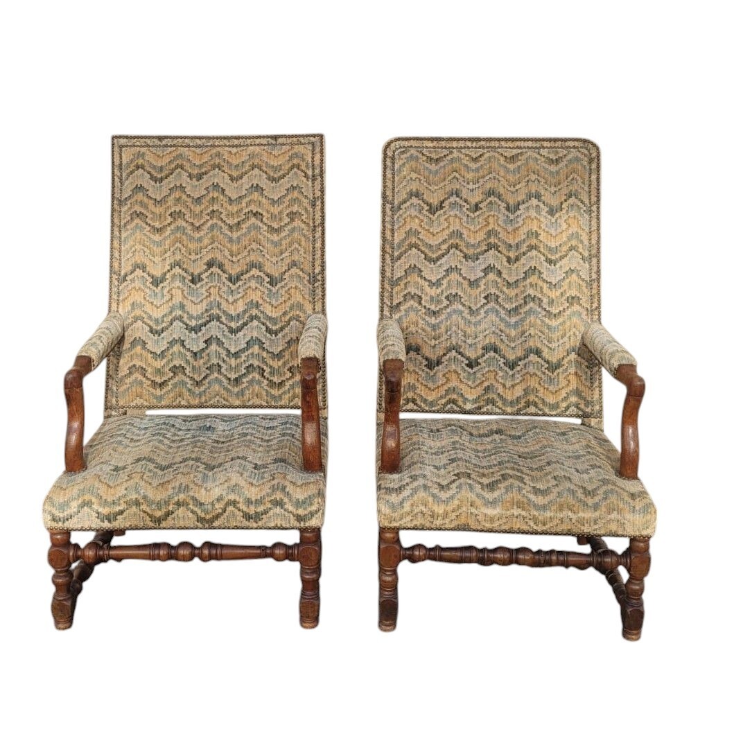 2 Louis XIII Vintage Tapestry Armchairs
