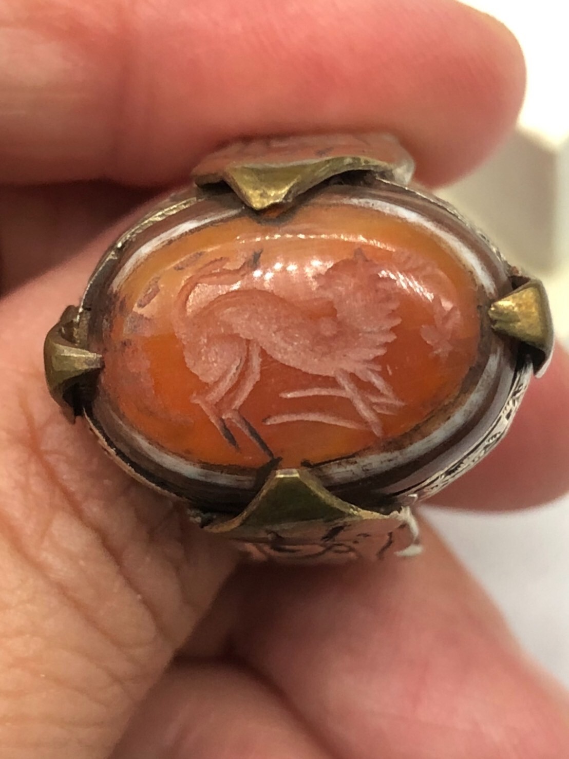 Ancient unique Solid Silver Agate Intaglio Horse Near Eastern Ring 10.5US #S433