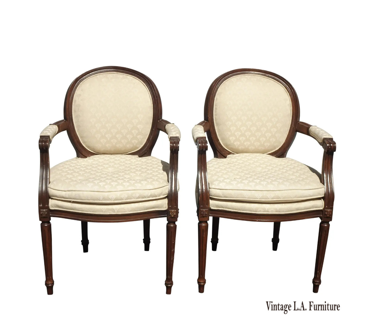 Pair Vintage French Louis Fauteuil Round Back White Chairs