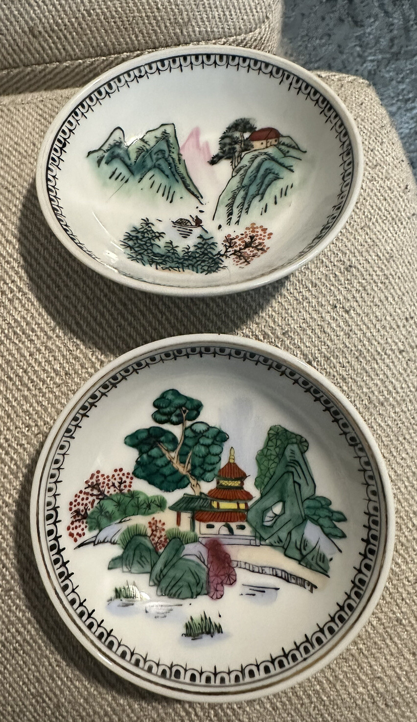 Vintage Chinese Small Porcelain Plate Dish Set of 2 Hand Painted w Hooks on Back