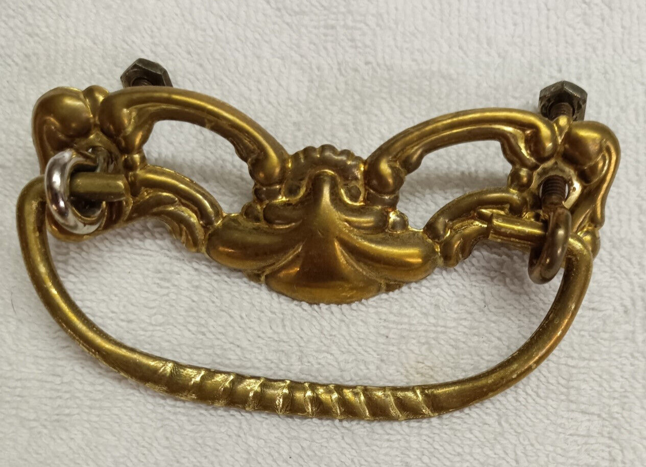 CAST BRASS HANDLE, STAMPED BRASS BACKPLATE DRAWER PULL, NEW OLD STOCK NEVER USED