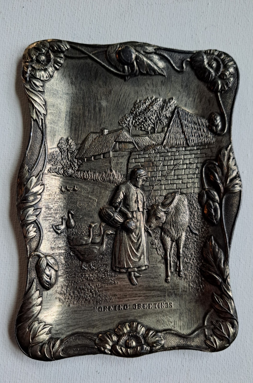 Antique Silver Plate EMBOSSED REPOUSSE TRAY TRINKET DISH Animal Floral Japan Cow
