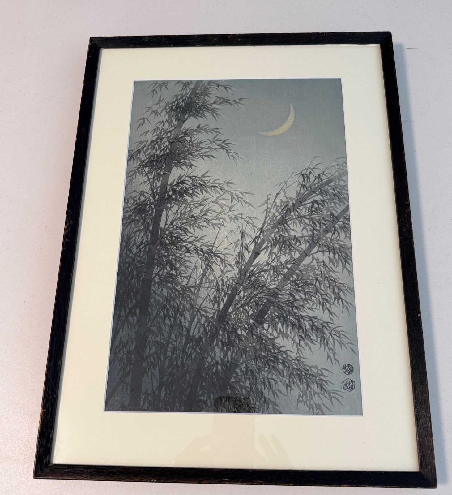 Eiichi Kotozuka Bamboo Crescent Moon Japanese Woodblock Print Uchida Kyoto Frame