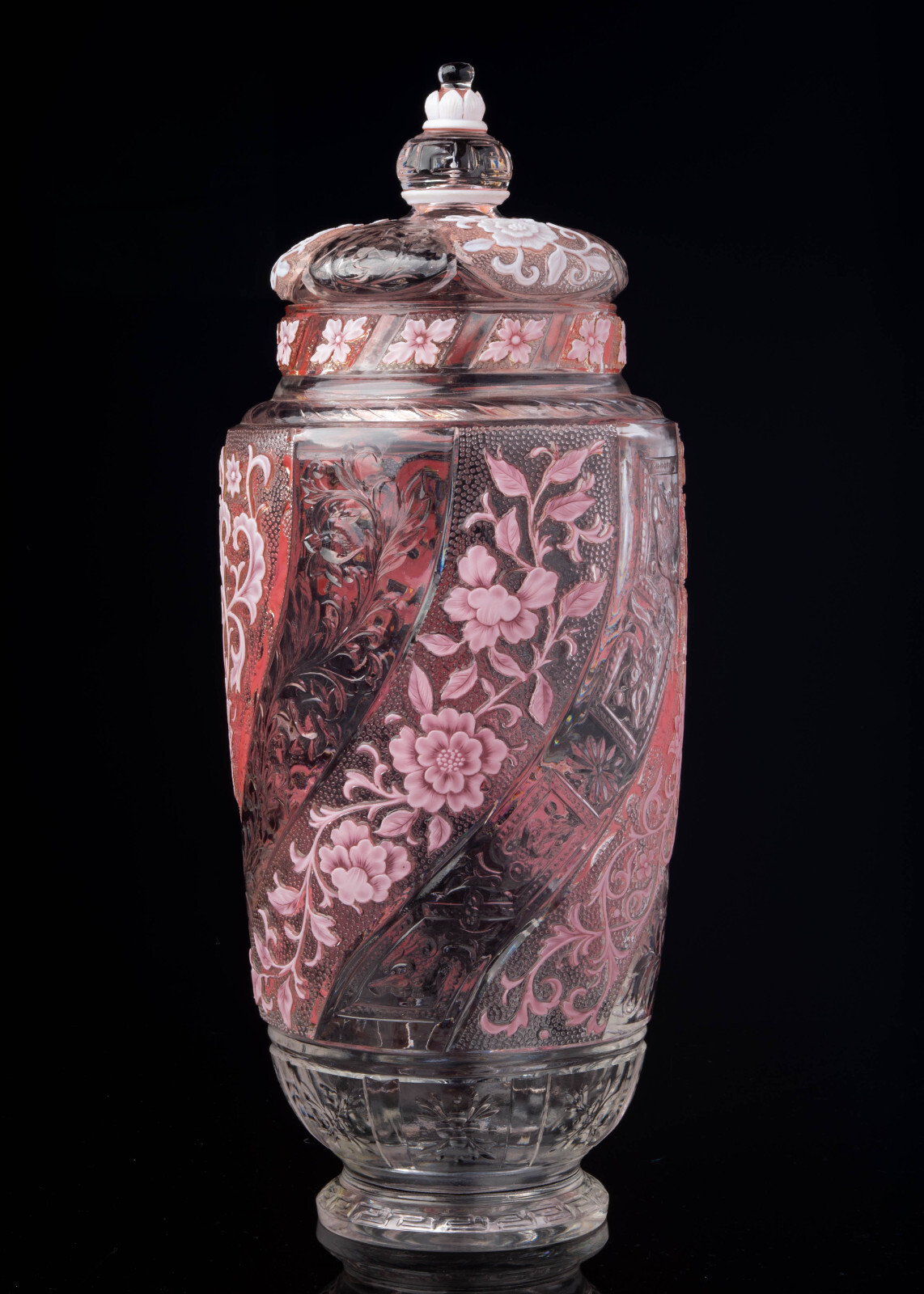 George Woodall for Thomas Webb Tricolor Gem Cameo Glass Covered Vase Three Layer