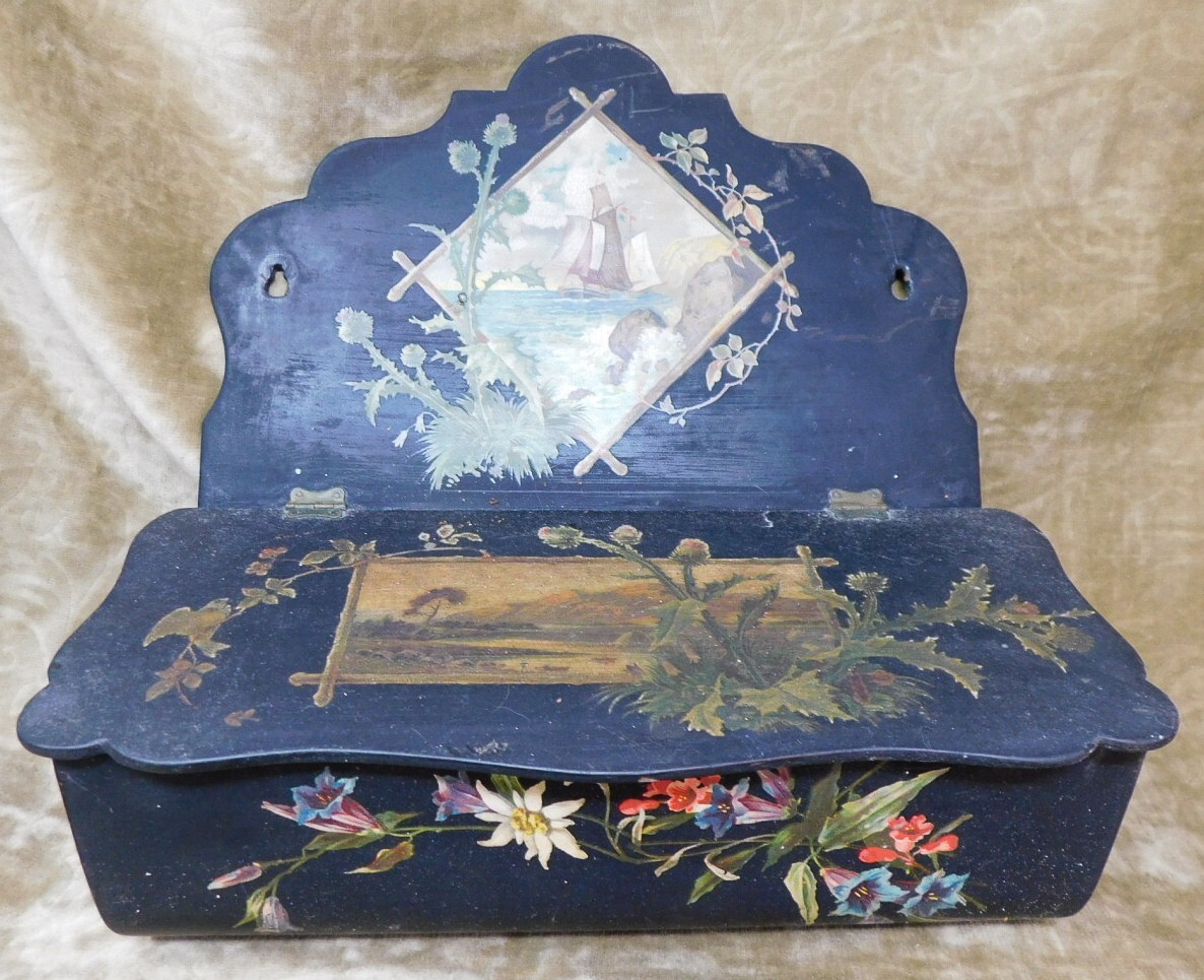 Antique c. 1880 Papier Mache Wall Rack BlacLidded Storage Box For Mail / Gloves