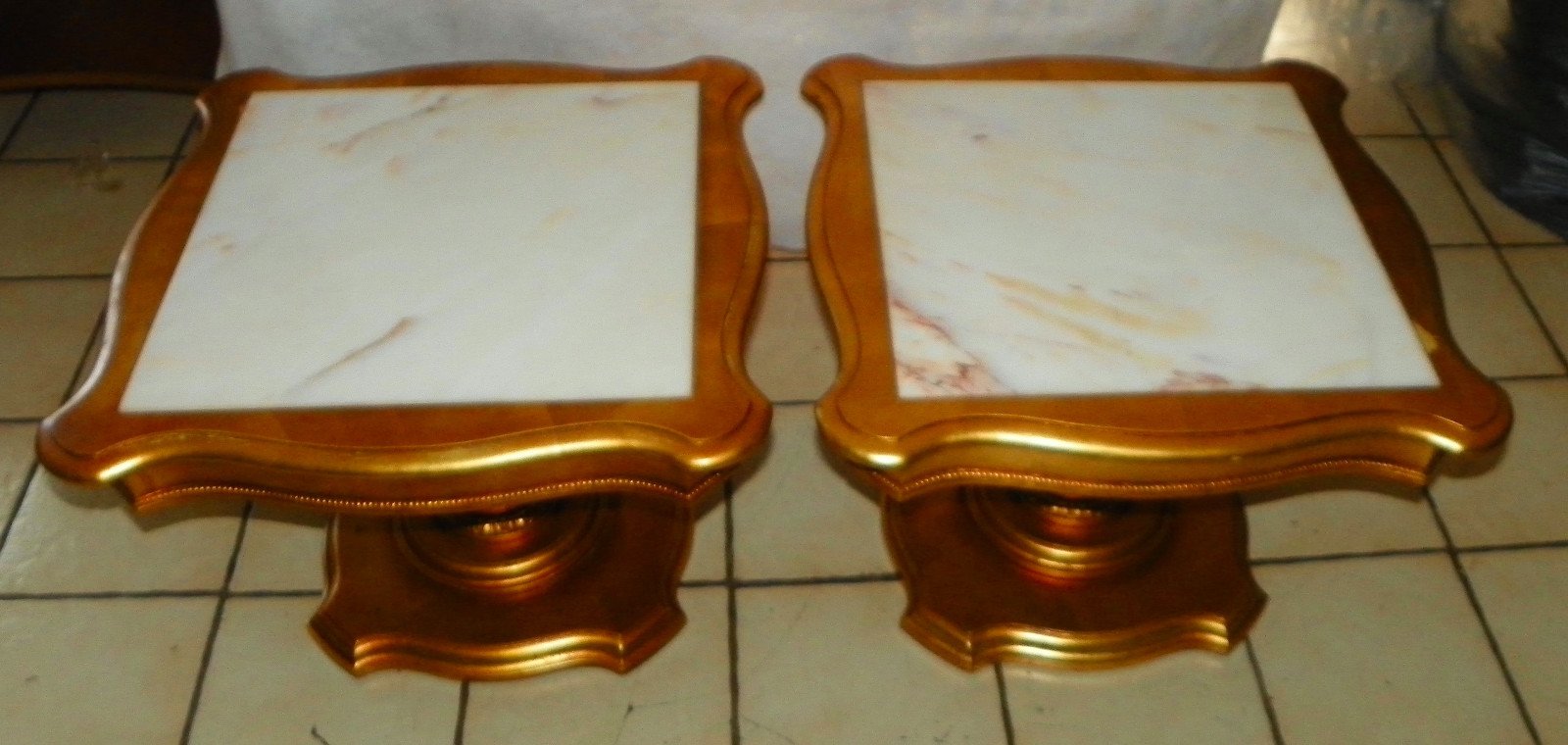Pair of Mid Century Gold Gilded Marble Top End Tables by Weiman (RP-T611)