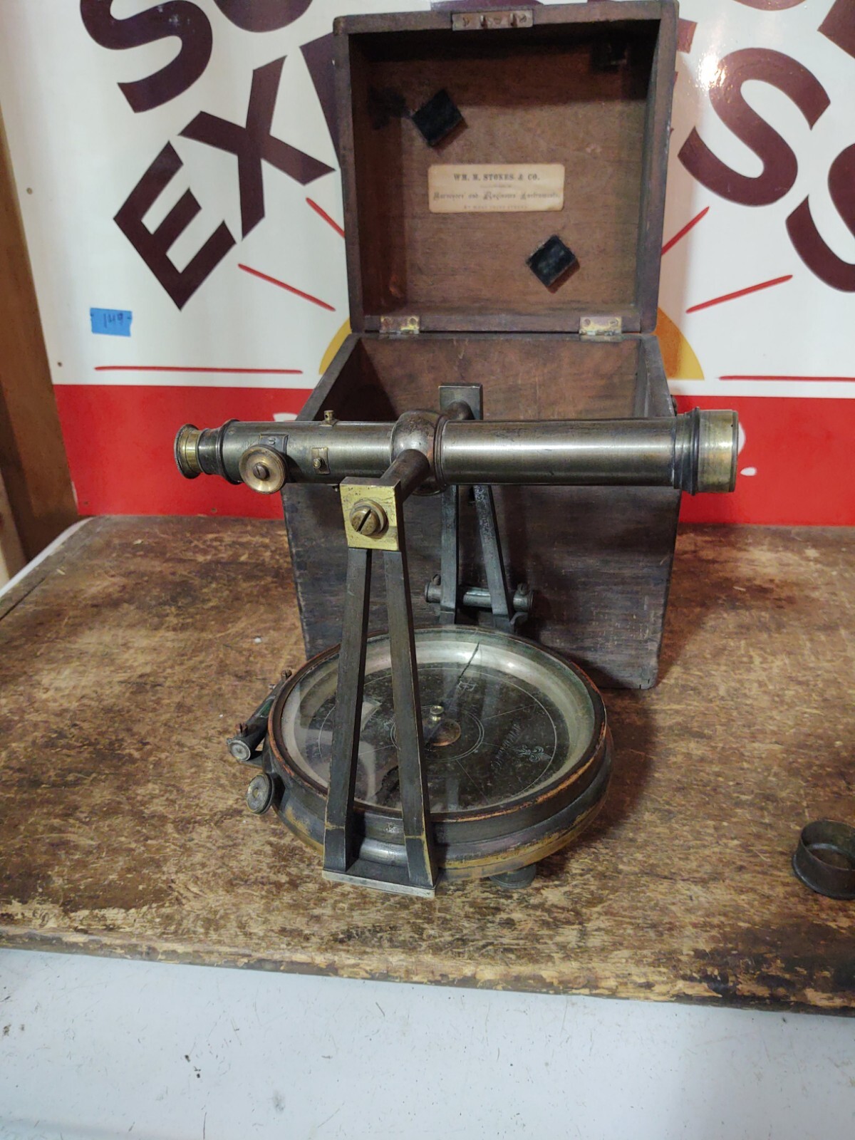 RARE Antique WM. Stokes Surveyor Compass Transit W/ Wood Case Cincinnati Ohio