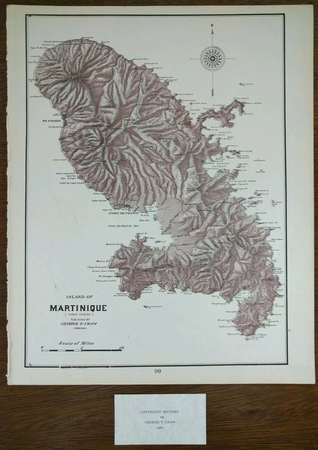 Vintage 1900 MARTINIQUE ISLAND Map 11″x14″ Old Antique Original FORT DE FRANCE